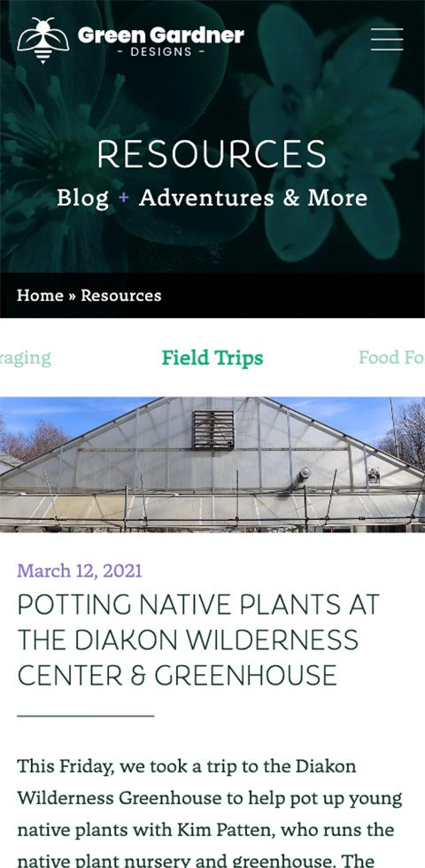 Green Gardner Designs Resources page on mobile
